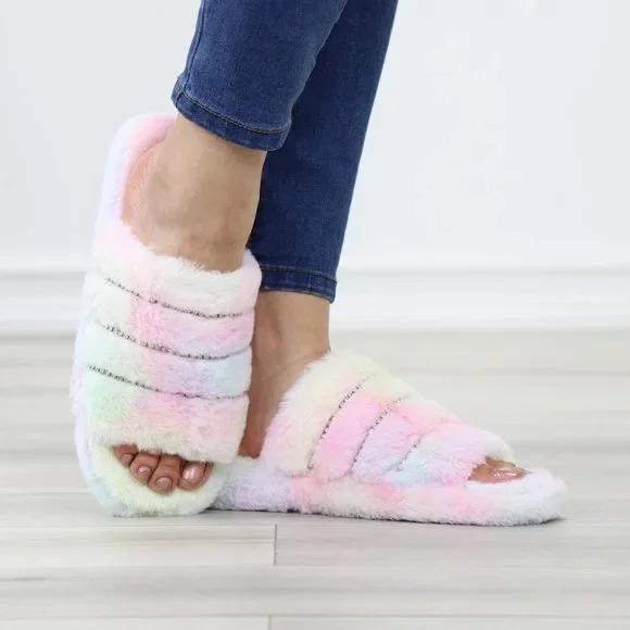 Tie Dye Puff Fuzzy Fluffy Slip On Plush Slippers Diamond Accents - Picture 5 of 12
